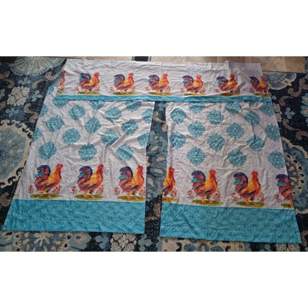 3 pc Curtains Set: 2 Tiers & Valance COUNTRY ROOSTERS Farmhouse Kitchen Boho
